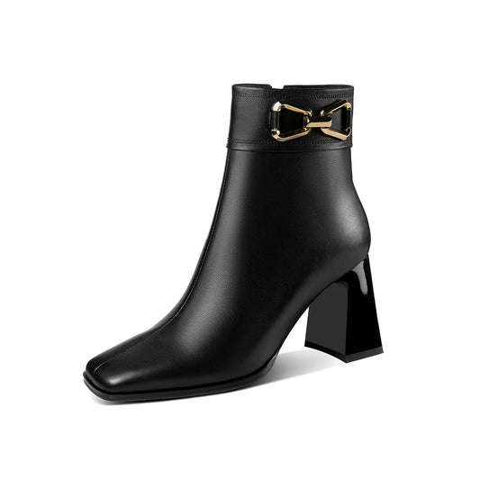 TinaCus Women's Square Toe Genuine Leather Handmade Matal Buckle High Chunky Heel Side Zip Up Chic Ankle Boots