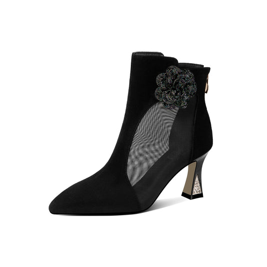 TinaCus Women's Suede Leather Handmade Mesh Spool Heel Back Zip Up Flower Decor Black Summer Ankle Boots