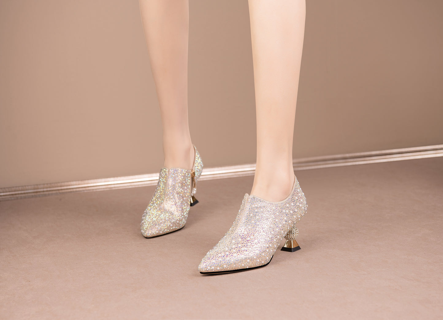 TinaCus Handmade Glittering Leather Pointed Toe Side Zipper Rhinestone Mid Spool Heel Shoes