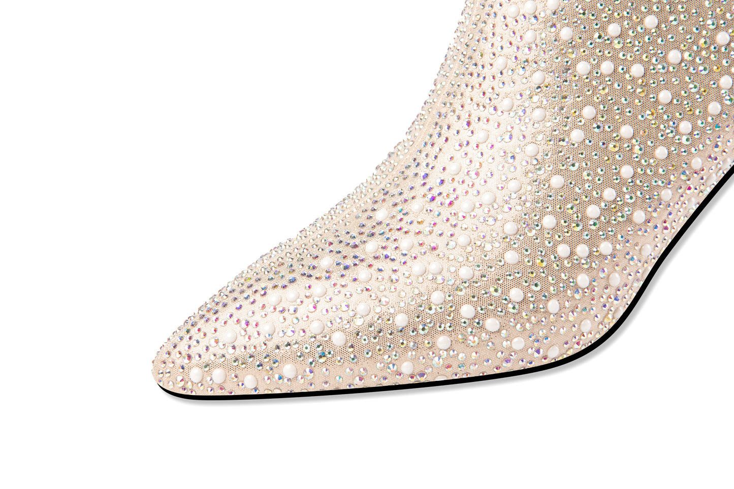 TinaCus Handmade Glittering Leather Pointed Toe Side Zipper Rhinestone Mid Spool Heel Shoes