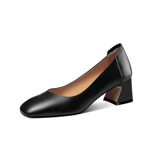 TinaCus Women's Genuine Leather Square Toe Handmade Low Chunky Heel Casual Pumps Shoes