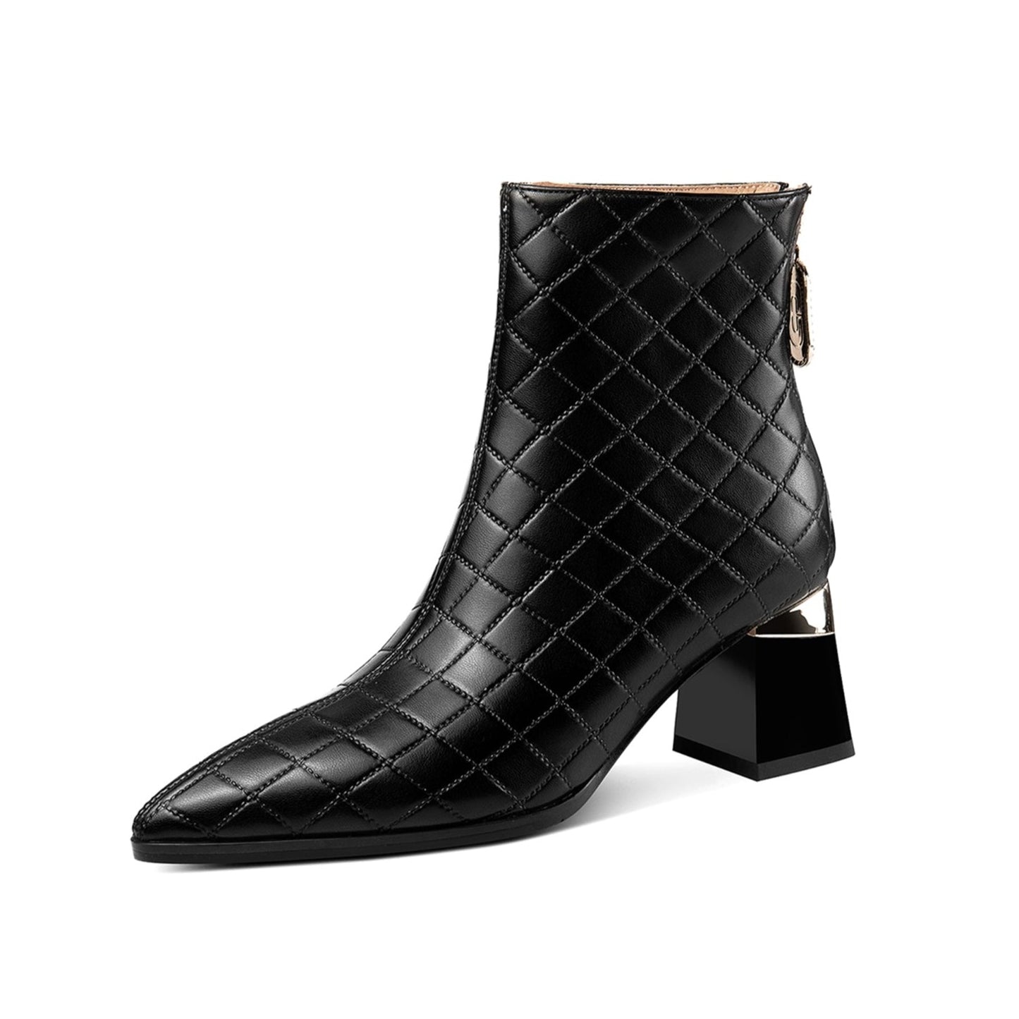 TinaCus Genuine Leather Women's Handmade Pointed Toe Checkered Chunky Heel Back Zip Up Ankle Boots