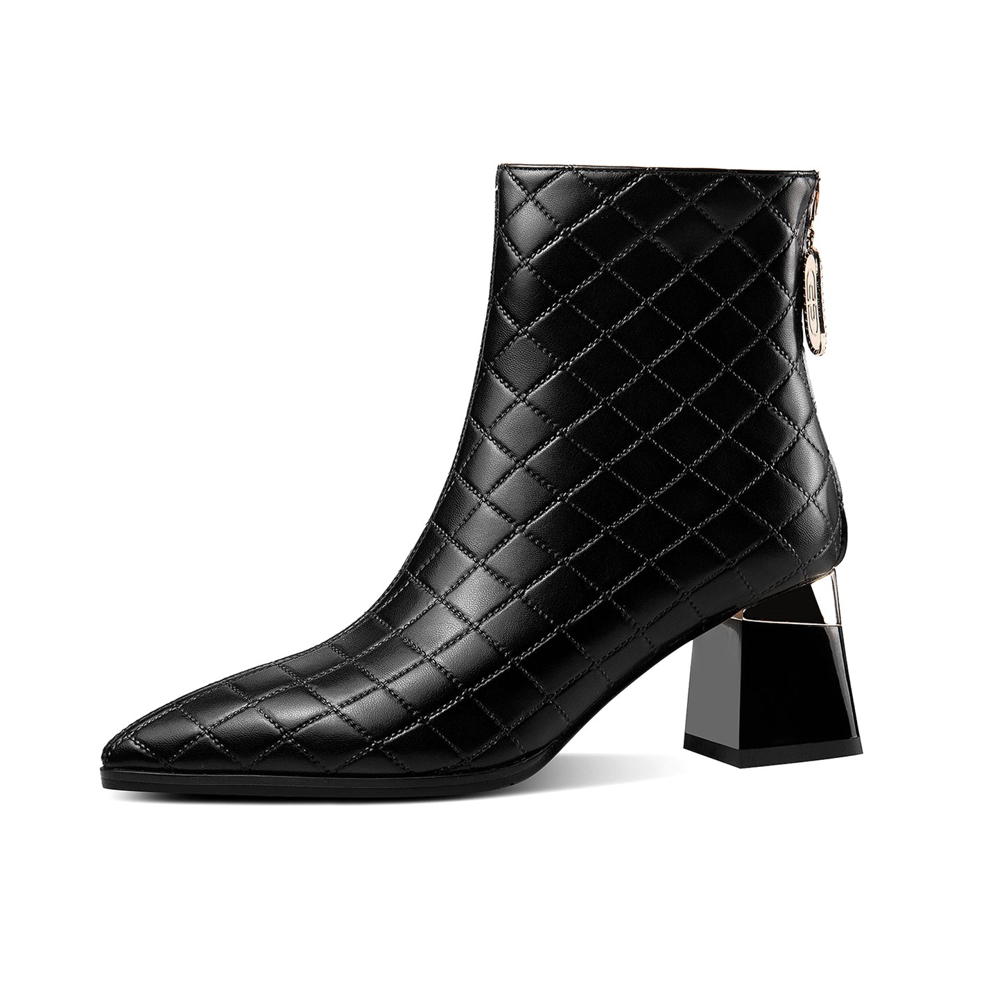TinaCus Genuine Leather Women's Handmade Pointed Toe Checkered Chunky Heel Back Zip Up Ankle Boots