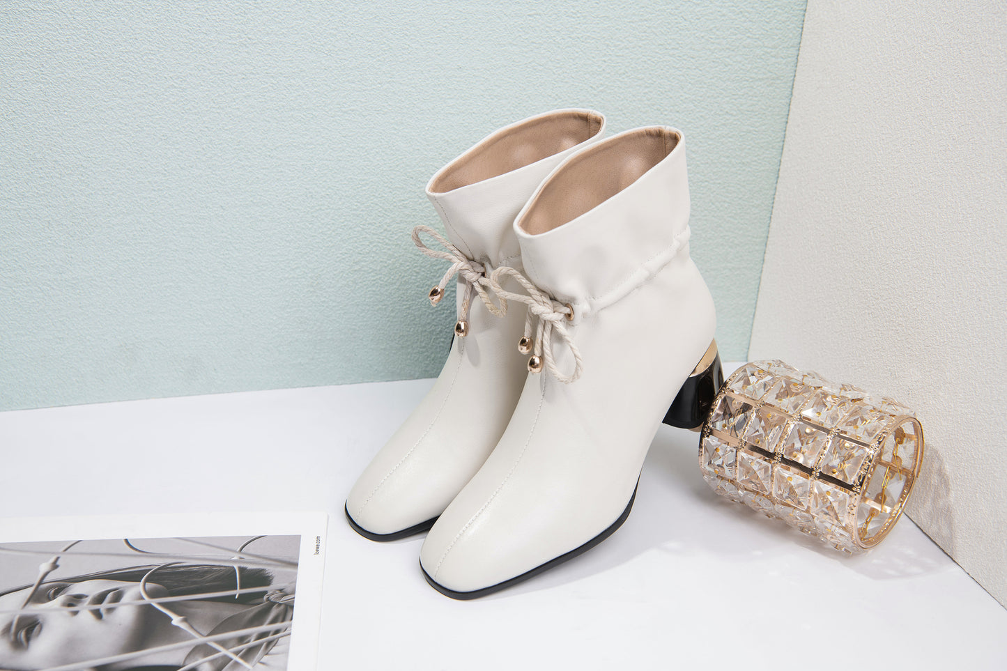 TinaCus Women's Genuine Leather Handmade Block Heel Bowtie Ankle Boots