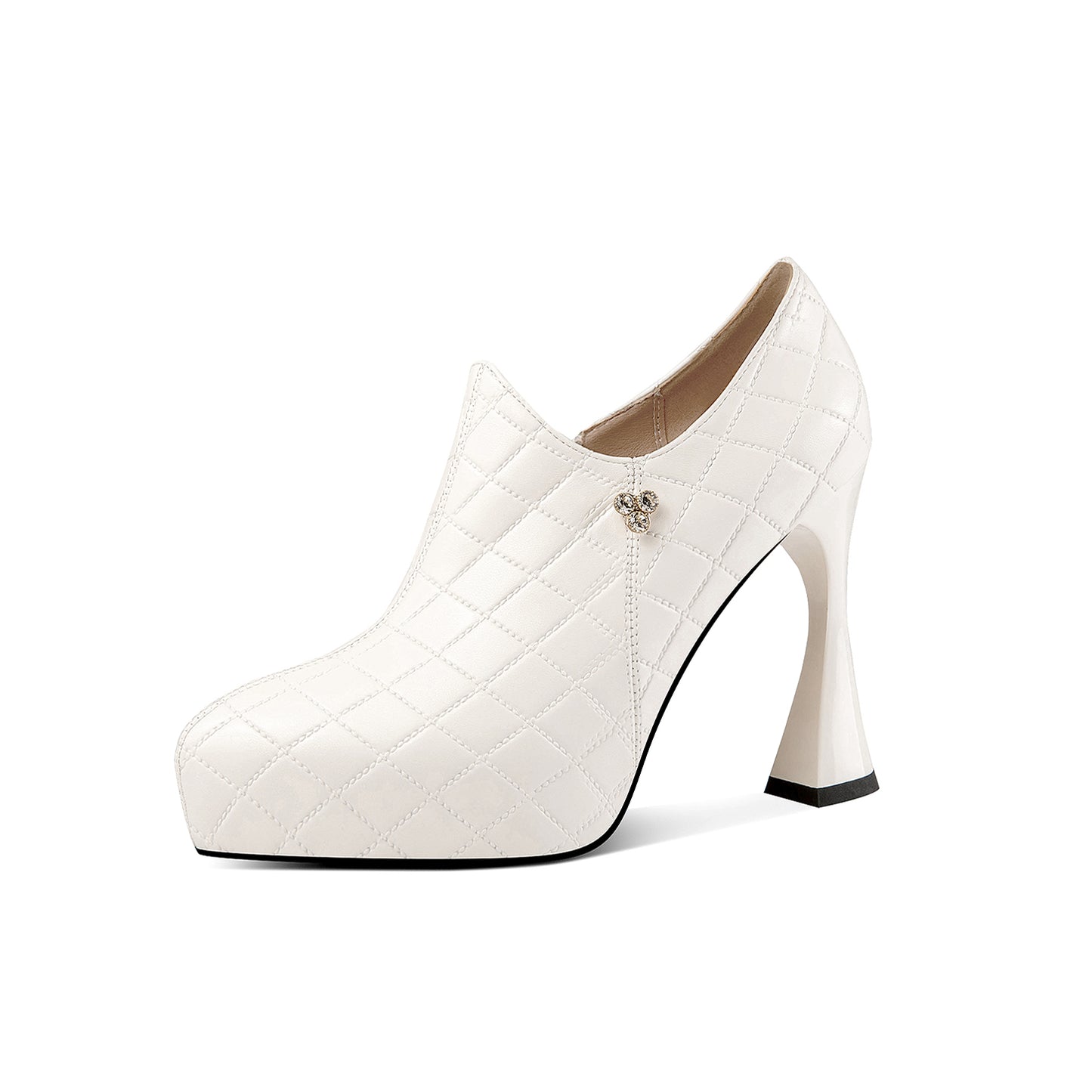 TinaCus Handmade Women's Checkered Genuine Leather Platform High Spool Heel Side Zip Pointed Toe Pumps