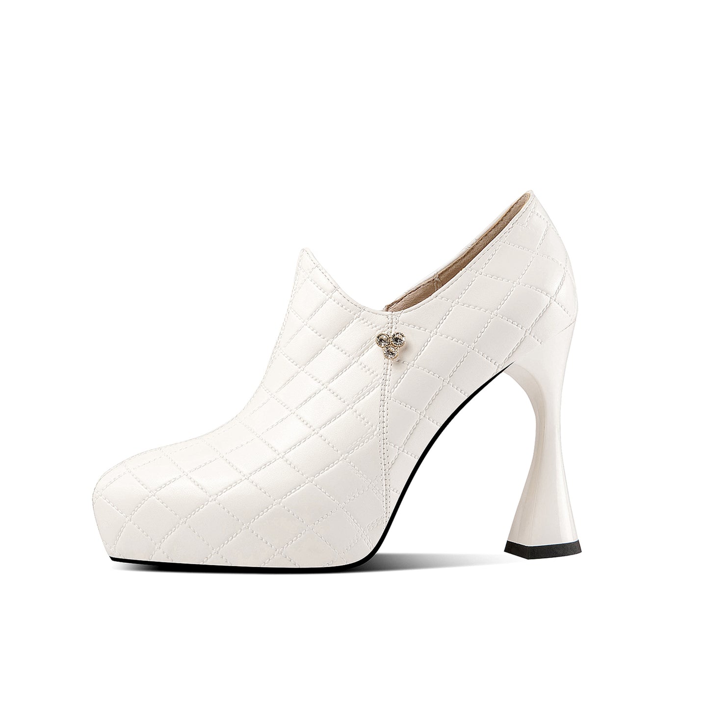 TinaCus Handmade Women's Checkered Genuine Leather Platform High Spool Heel Side Zip Pointed Toe Pumps