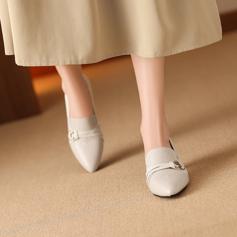 TinaCus Handmade Women's Genuine Leather Embossed Decor Buckle Pointed Toe Low Heel Loafers Shoes