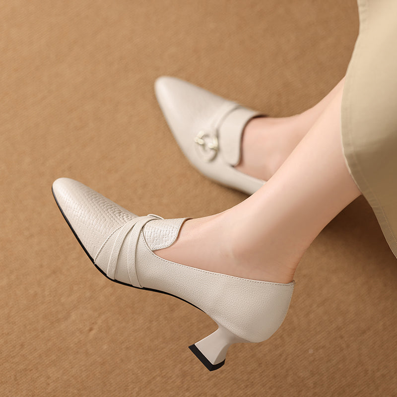 TinaCus Handmade Women's Genuine Leather Embossed Decor Buckle Pointed Toe Low Heel Loafers Shoes