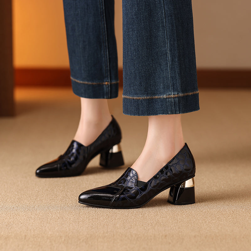 TinaCus Handmade Women's Patent Leather Embossed Pointed Toe Low Heel Loafers Shoes