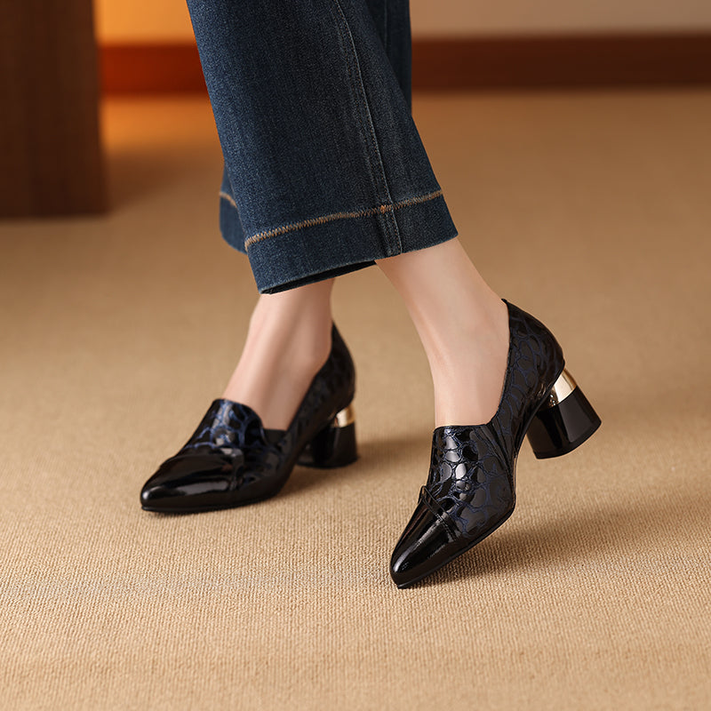 TinaCus Handmade Women's Patent Leather Embossed Pointed Toe Low Heel Loafers Shoes