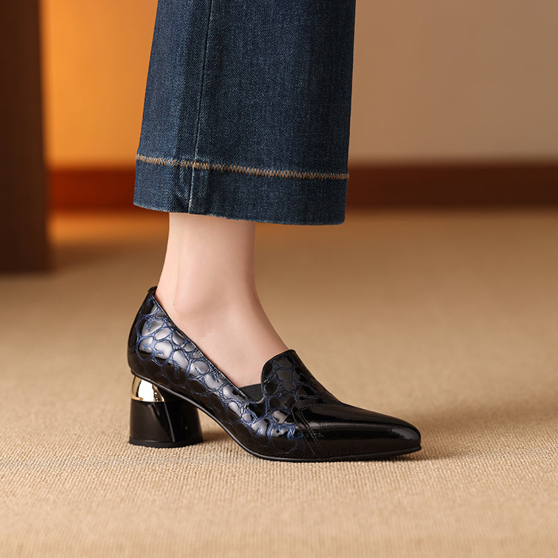 TinaCus Handmade Women's Patent Leather Embossed Pointed Toe Low Heel Loafers Shoes