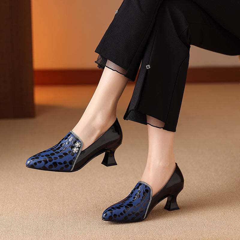 TinaCus Handmade Women's Genuine Leather Patchwork Slip On Pointed Toe Low Heel Dress Shoes