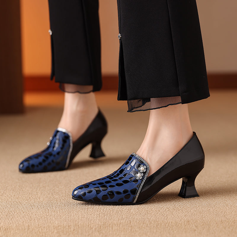 TinaCus Handmade Women's Genuine Leather Patchwork Slip On Pointed Toe Low Heel Dress Shoes