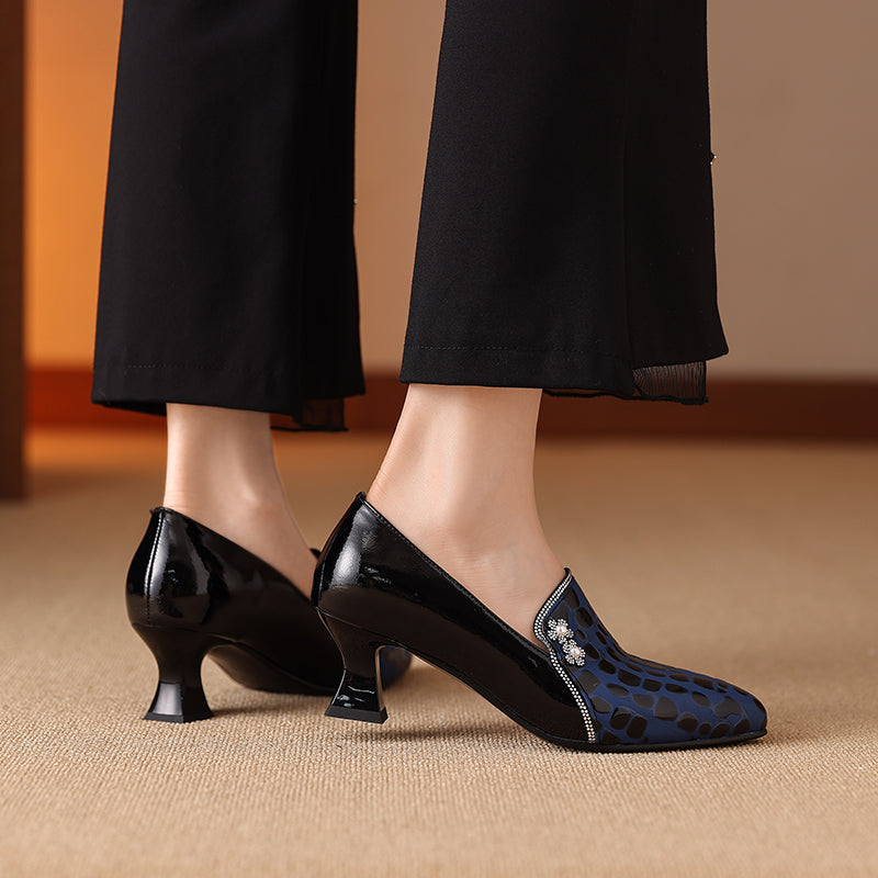 TinaCus Handmade Women's Genuine Leather Patchwork Slip On Pointed Toe Low Heel Dress Shoes