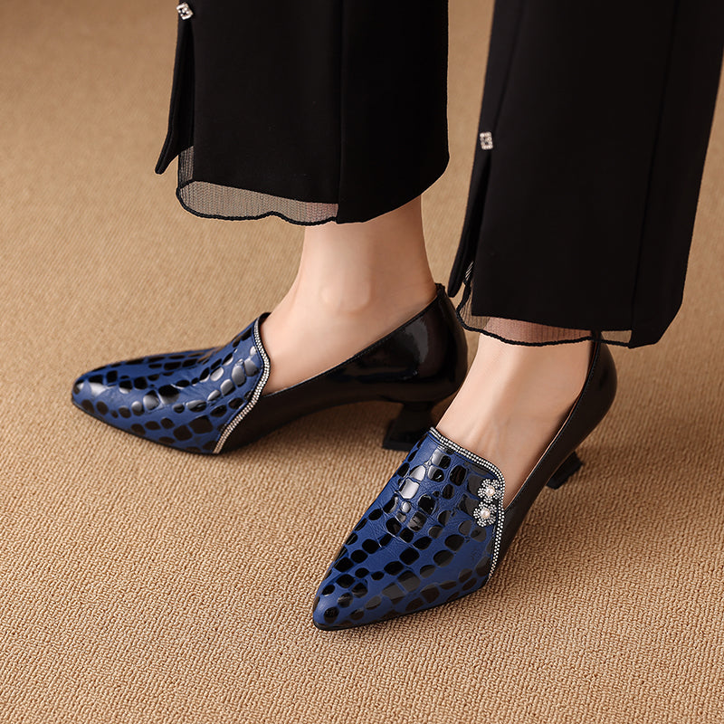 TinaCus Handmade Women's Genuine Leather Patchwork Slip On Pointed Toe Low Heel Dress Shoes