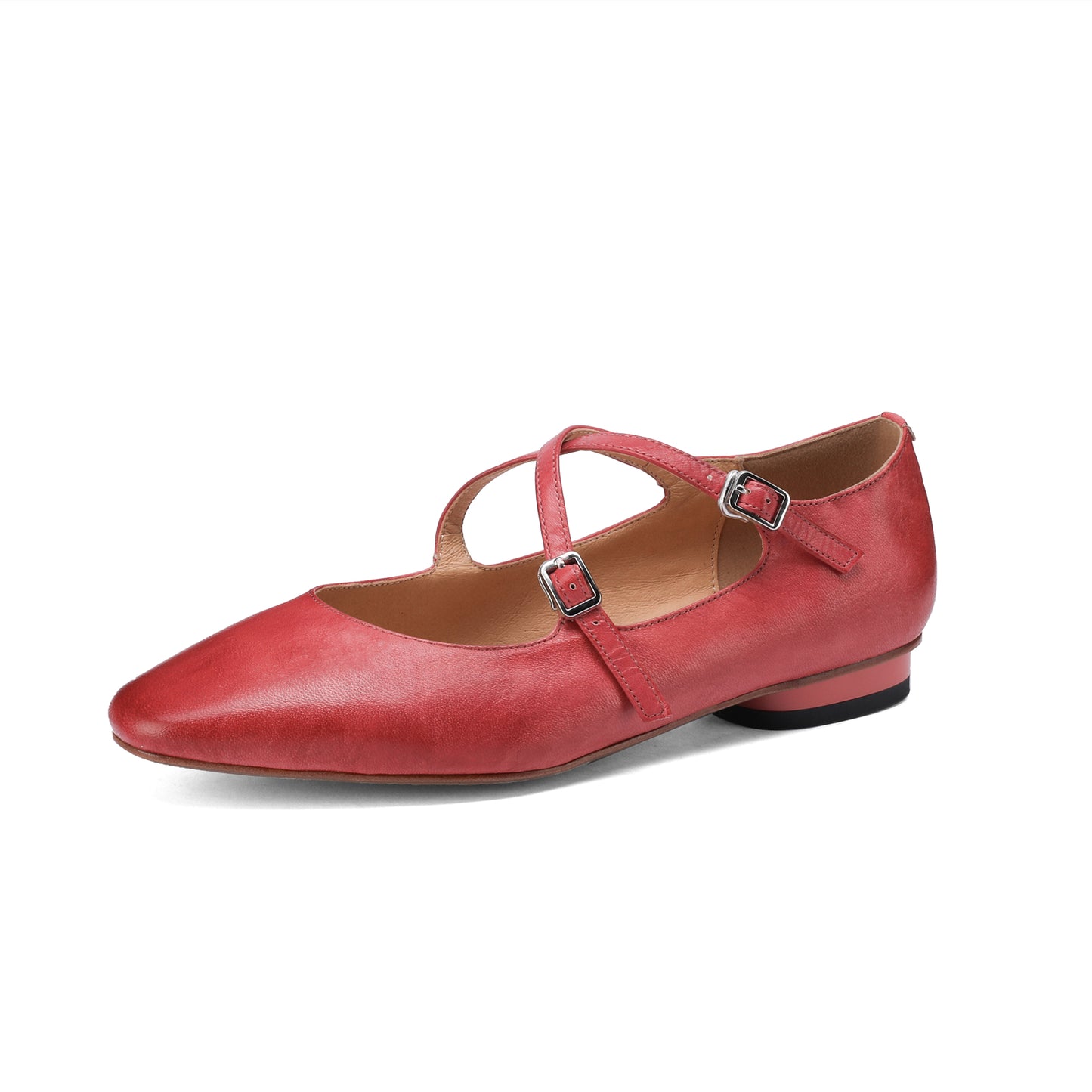 TinaCus Women's Handmade Genuine Leather Black Red Buckles Flats Shoes