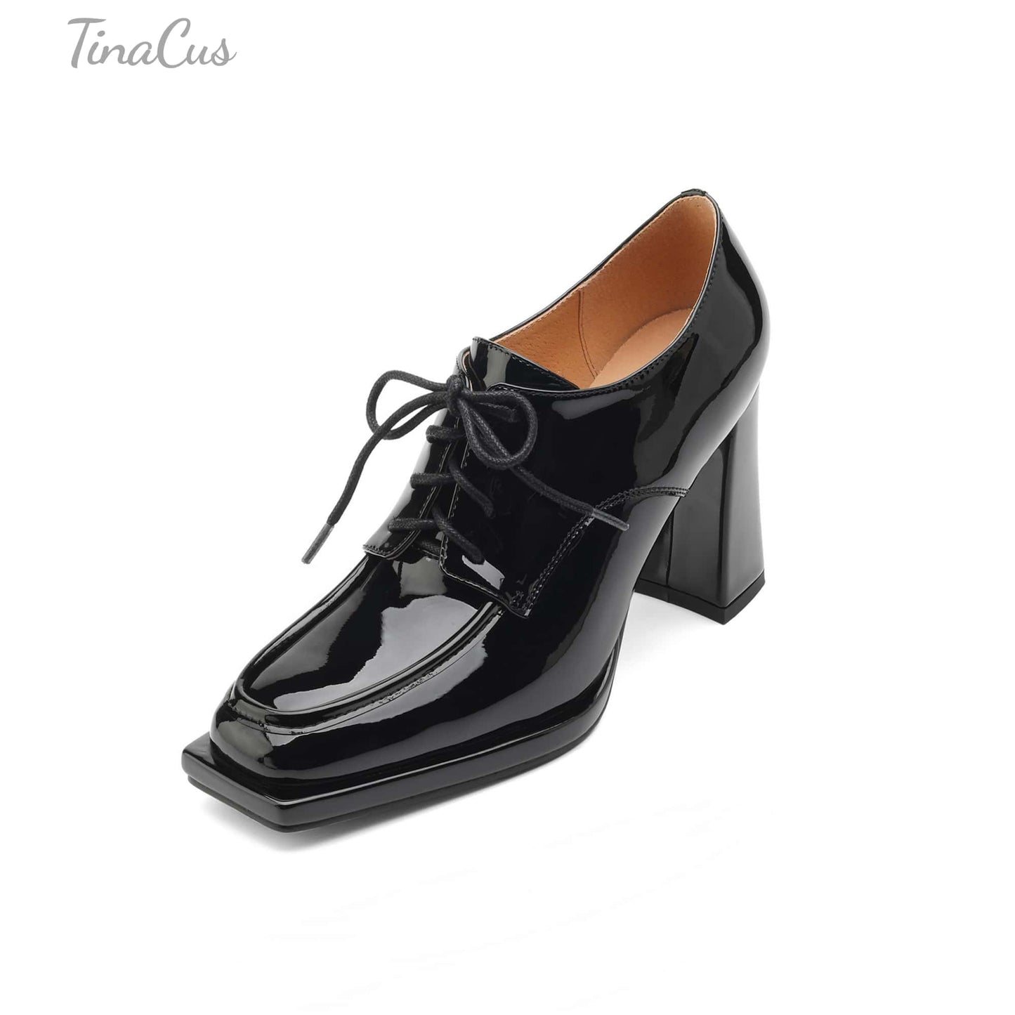 TinaCus Women's Patent Leather Square Toe Lace-up High Block Heel Handmade Oxford Pumps