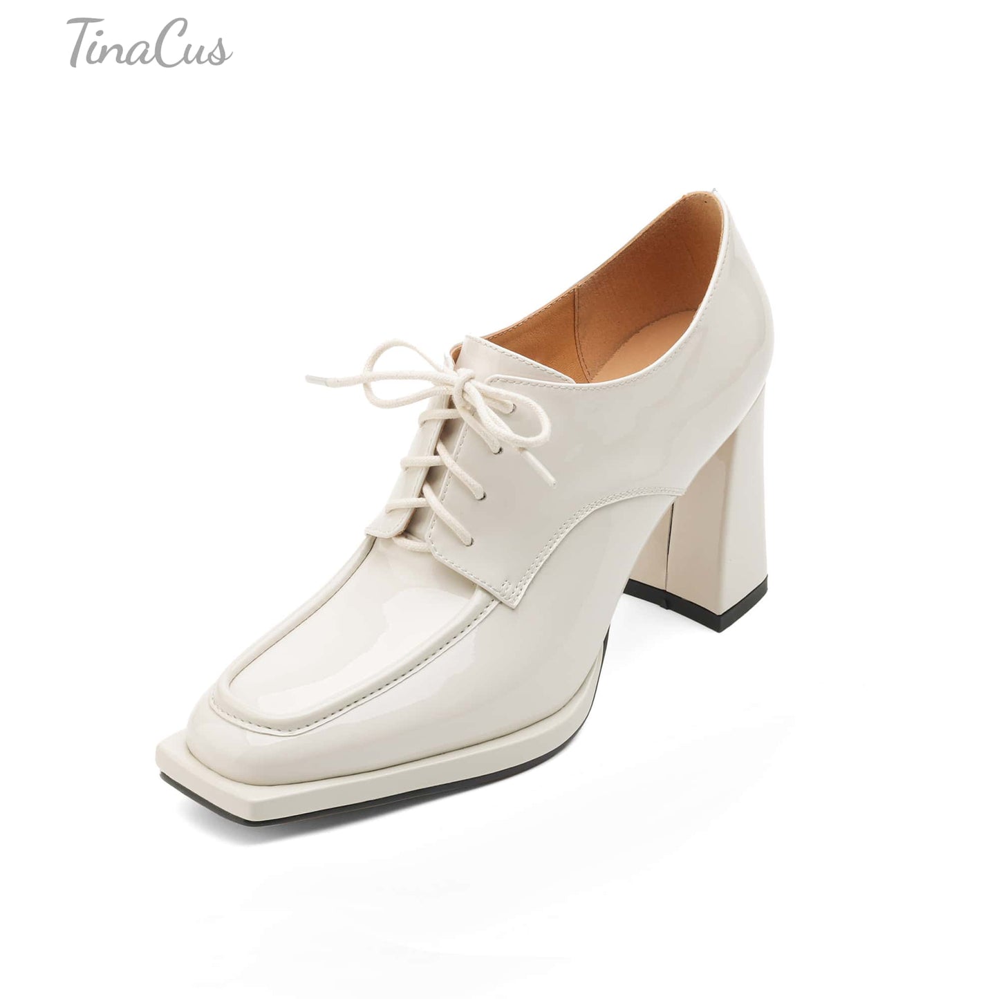 TinaCus Women's Patent Leather Square Toe Lace-up High Block Heel Handmade Oxford Pumps