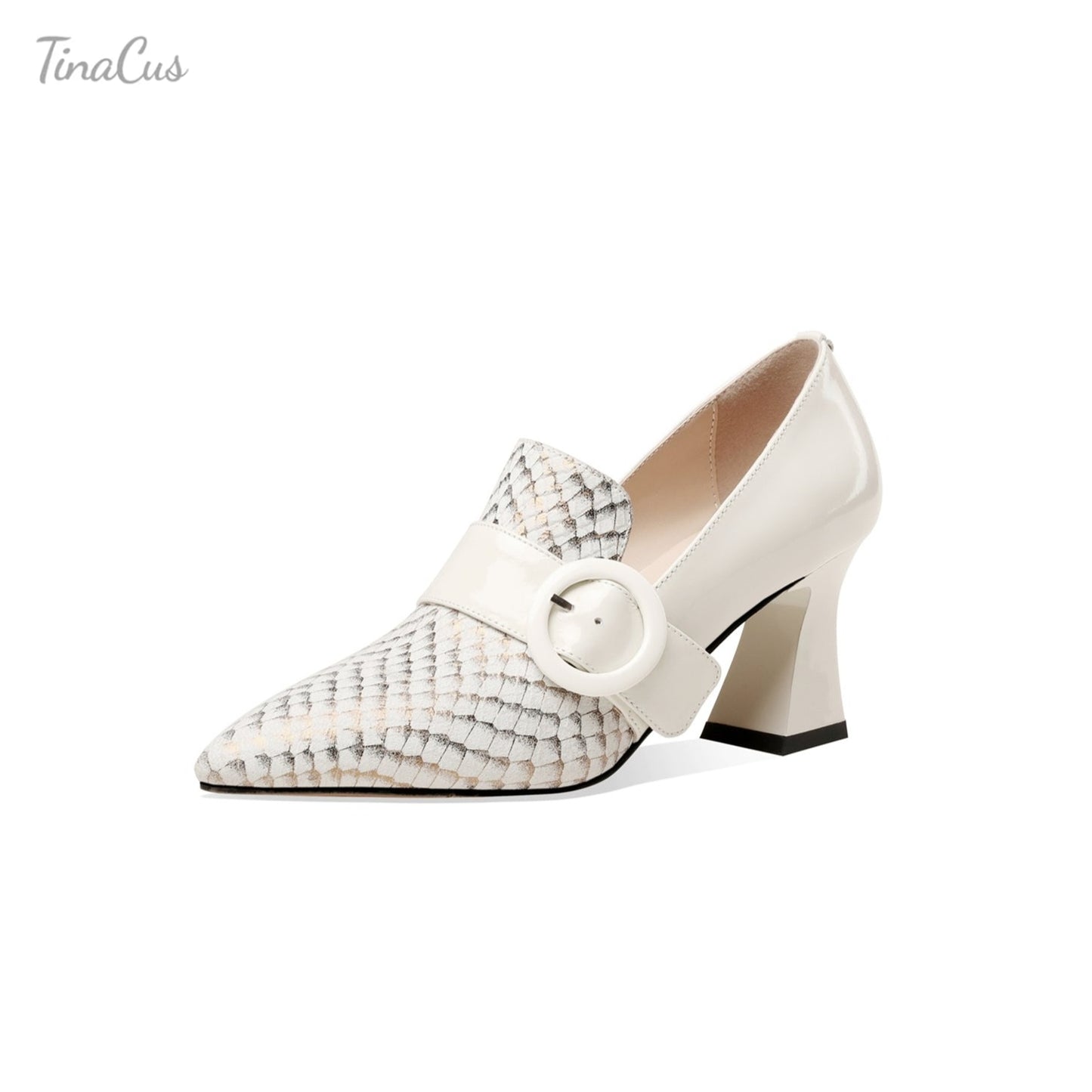 TinaCus Patent and Genuine Leather Women's Handmade Pointed Toe Modern Buckle Decor Mid Spool Heel Slip On Pump Shoes