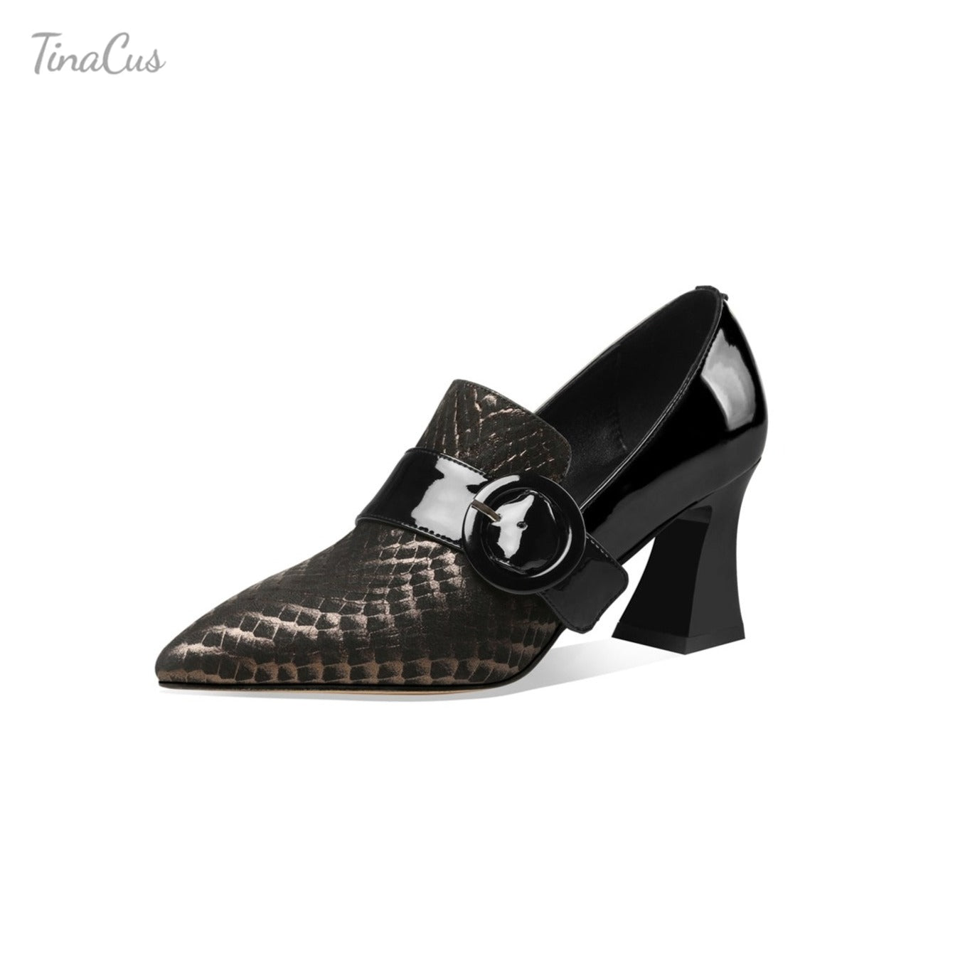 TinaCus Patent and Genuine Leather Women's Handmade Pointed Toe Modern Buckle Decor Mid Spool Heel Slip On Pump Shoes