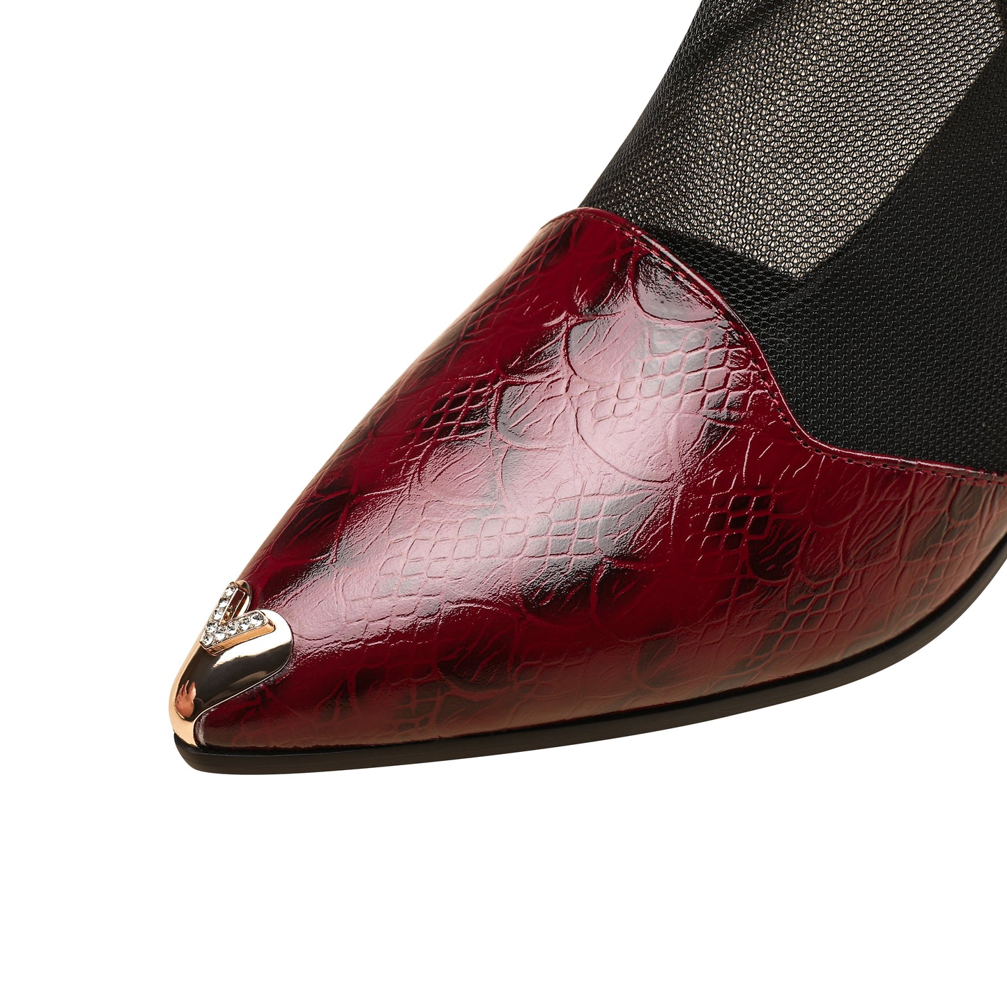 TinaCus Women's Pointed Toe Handmade Back Zipper Mid Spool Heels Embossed Genuine Leather & Mesh Booties