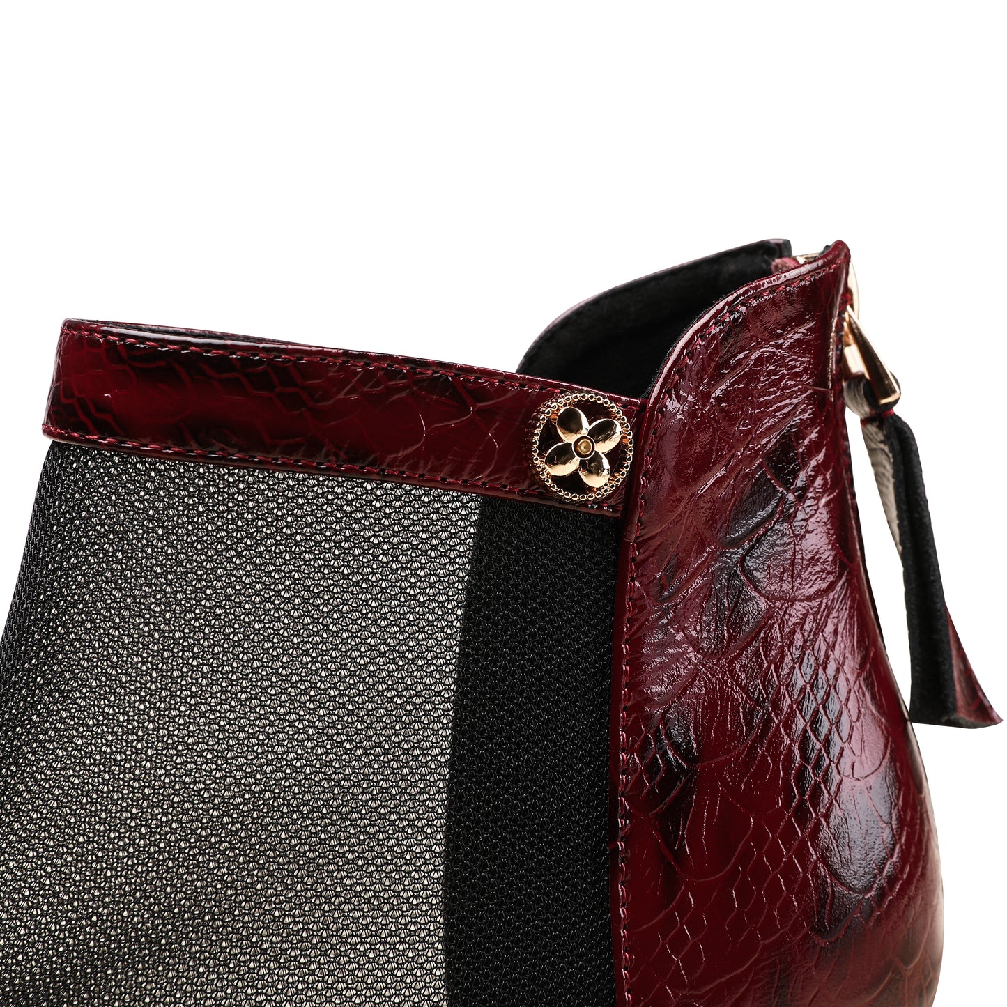 TinaCus Women's Pointed Toe Handmade Back Zipper Mid Spool Heels Embossed Genuine Leather & Mesh Booties