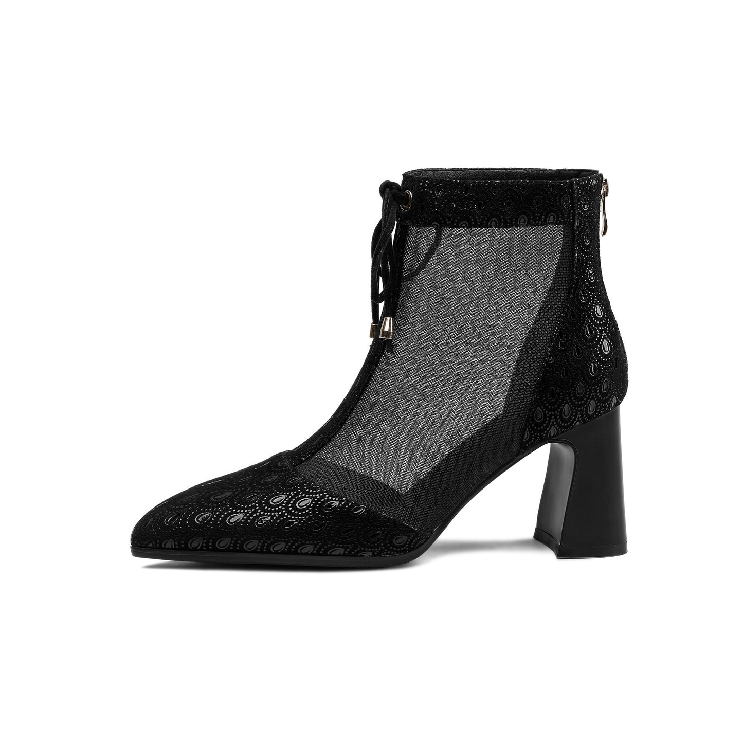 TinaCus Women's Pointed Toe Handmade Lace Up Ankle Boots Printed Genuine Leather & Mesh, Back Zipper, Mid Chunky Heels