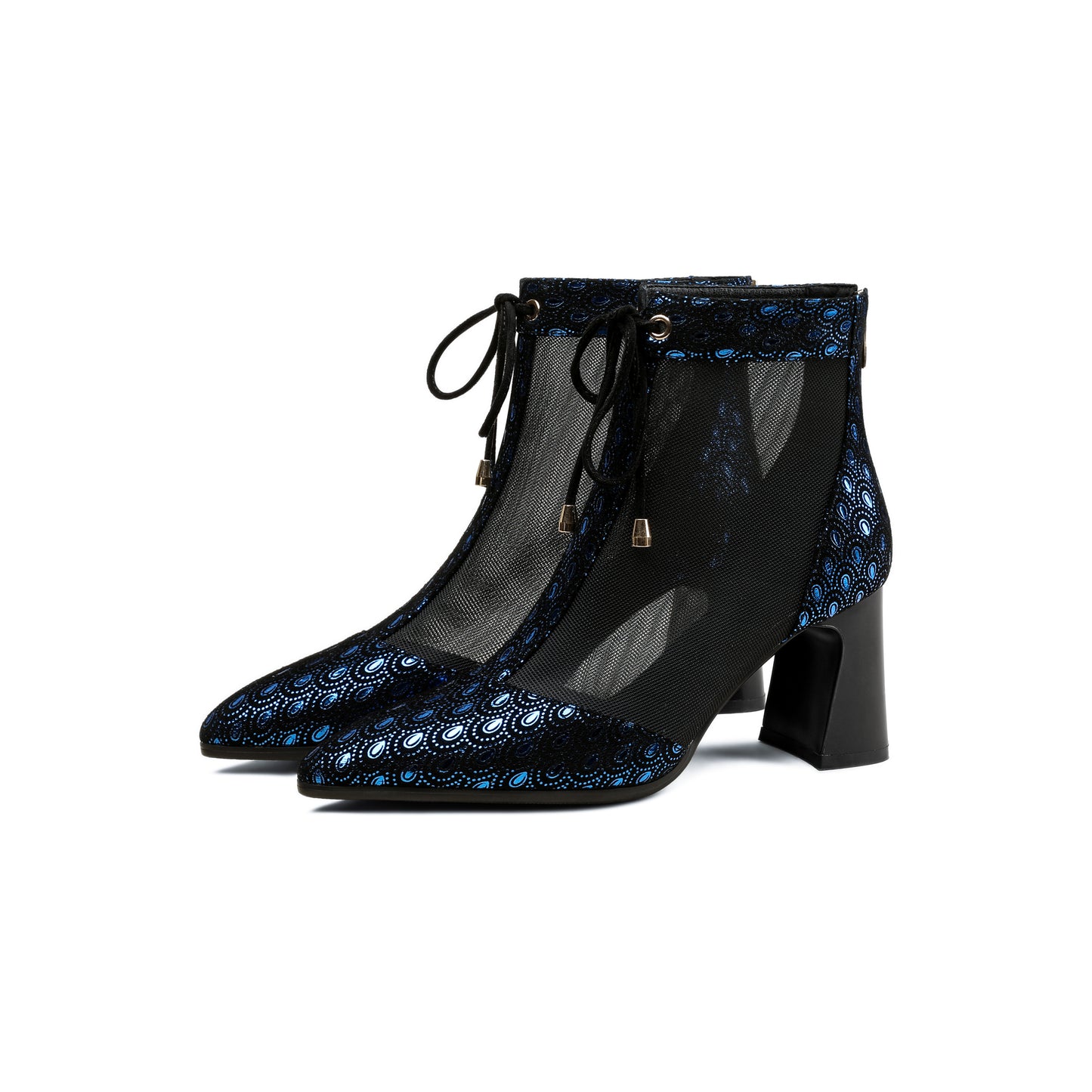 TinaCus Women's Pointed Toe Handmade Lace Up Ankle Boots Printed Genuine Leather & Mesh, Back Zipper, Mid Chunky Heels