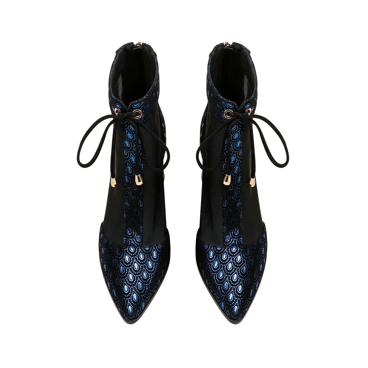 TinaCus Women's Pointed Toe Handmade Lace Up Ankle Boots Printed Genuine Leather & Mesh, Back Zipper, Mid Chunky Heels