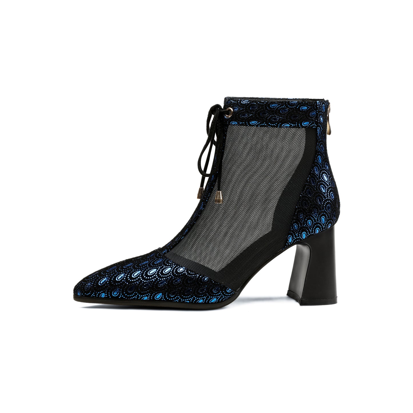 TinaCus Women's Pointed Toe Handmade Lace Up Ankle Boots Printed Genuine Leather & Mesh, Back Zipper, Mid Chunky Heels