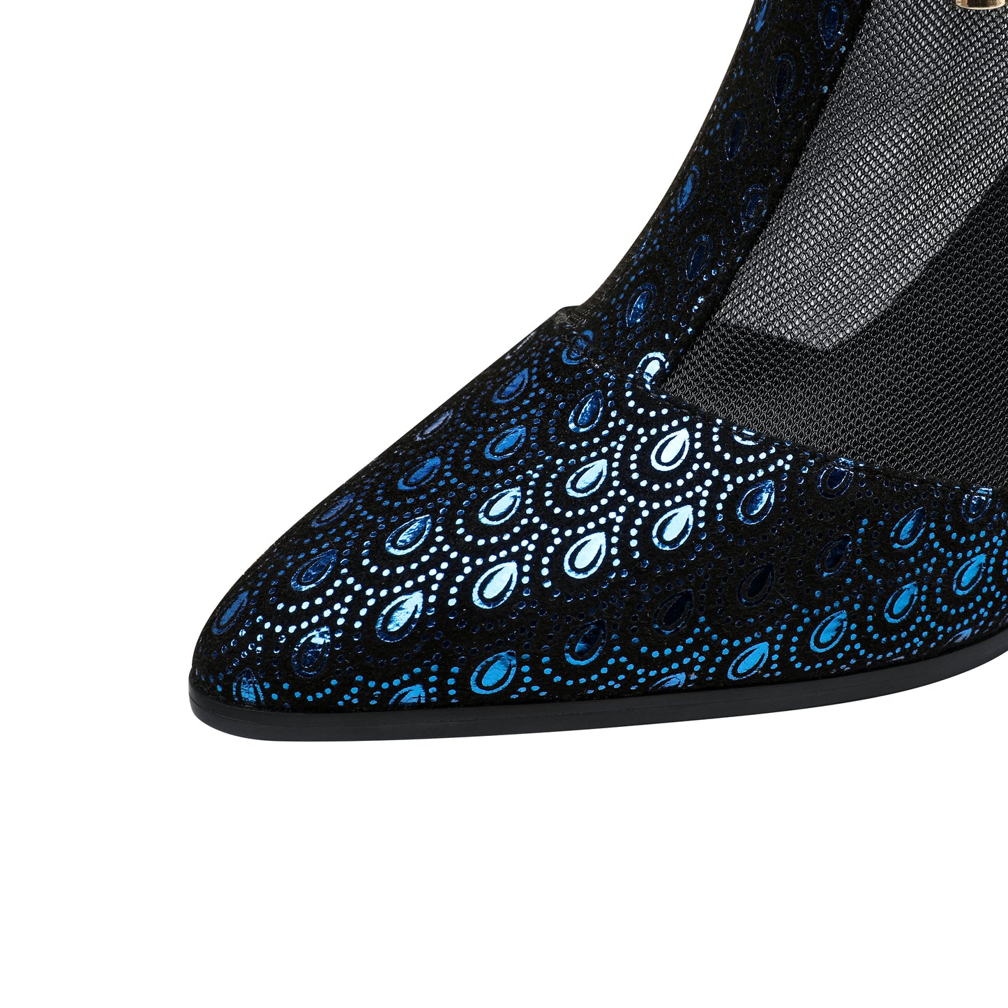 TinaCus Women's Pointed Toe Handmade Lace Up Ankle Boots Printed Genuine Leather & Mesh, Back Zipper, Mid Chunky Heels