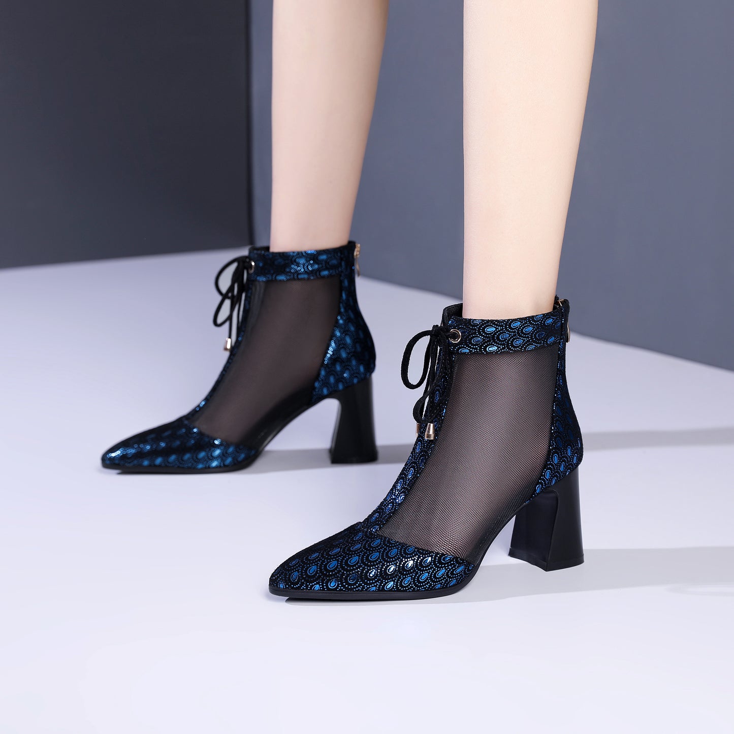 TinaCus Women's Pointed Toe Handmade Lace Up Ankle Boots Printed Genuine Leather & Mesh, Back Zipper, Mid Chunky Heels