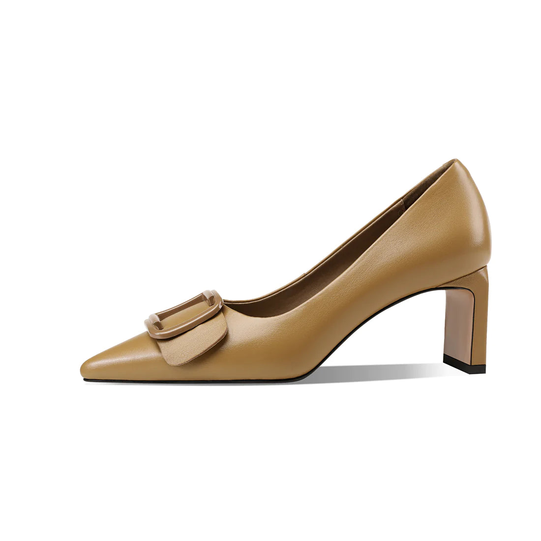 TinaCus Women's Genuine Leather Pointed Toe Handmade Mid Block Heel Slip On Elegent Pumps Shoes with Buckle-khaki US8.5