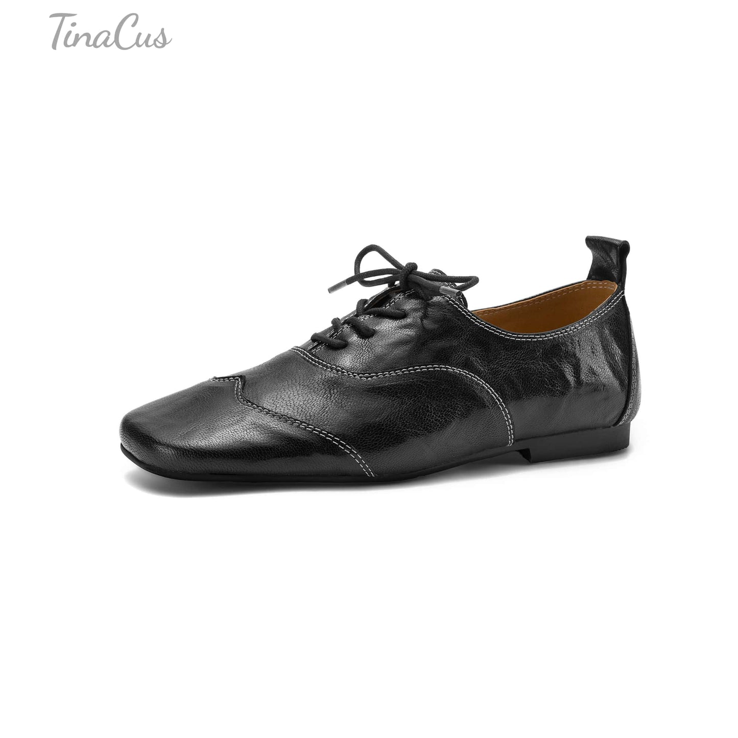 TinaCus Women's Baroque Oxfords Handmade Genuine Leather Retro Square Toe Lace-up Flats