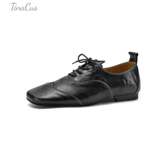 TinaCus Women's Baroque Oxfords Handmade Genuine Leather Retro Square Toe Lace-up Flats