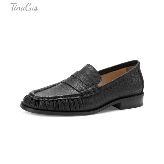TinaCus Handmade Women's Penny Loafers Round Toe Genuine Leather Ruched Slip-on Shoes Comfortable Office Business