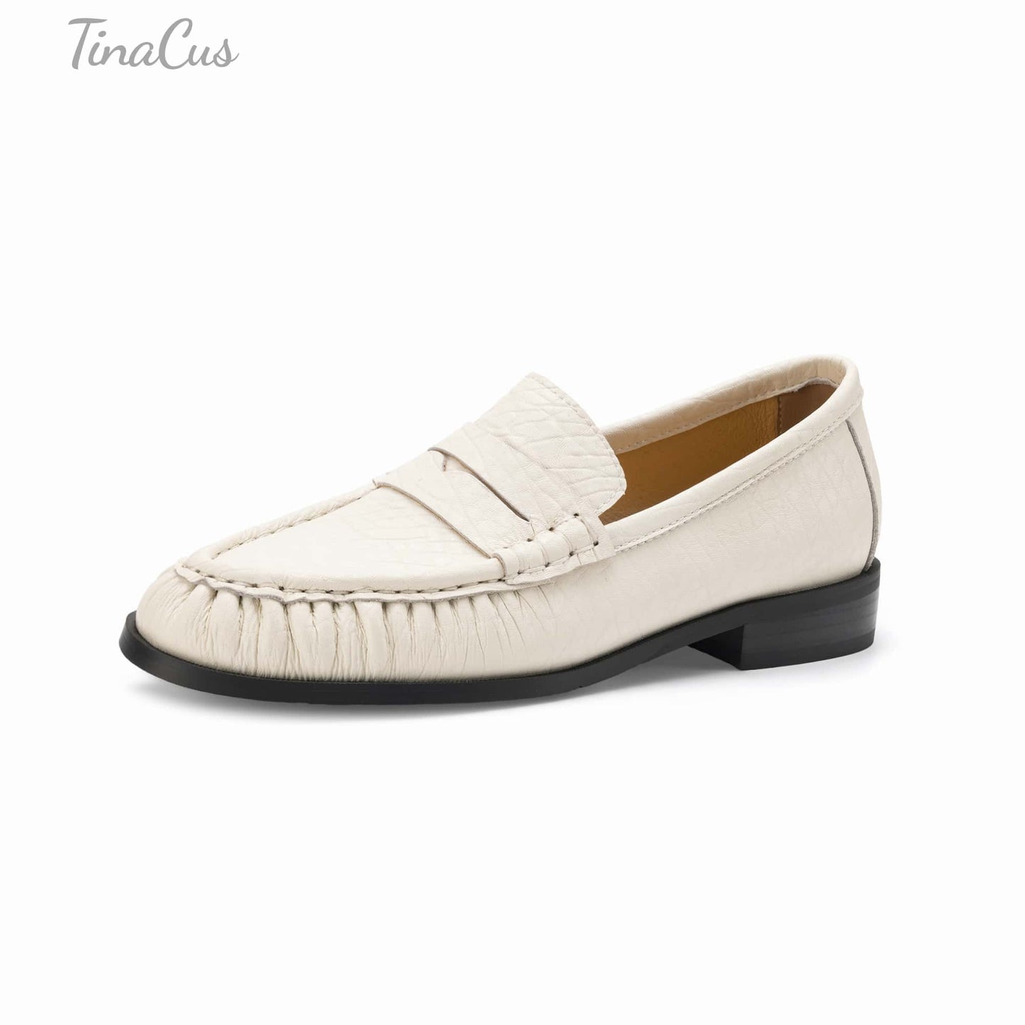 TinaCus Handmade Women's Penny Loafers Round Toe Genuine Leather Ruched Slip-on Shoes Comfortable Office Business