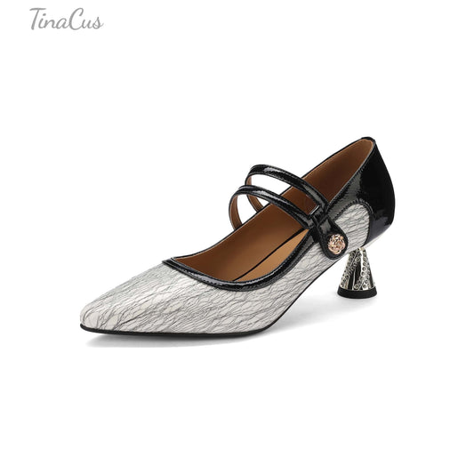 TinaCus Handmade Women's Genuine Leather Printed Pointed Toe Low Kitten Heel Slip On Office Pumps