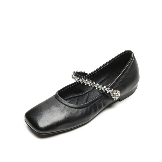 TinaCus Damen-Schuhe aus echtem Leder, handgefertigt, quadratische Zehenpartie, Strass-Band, flache Schuhe