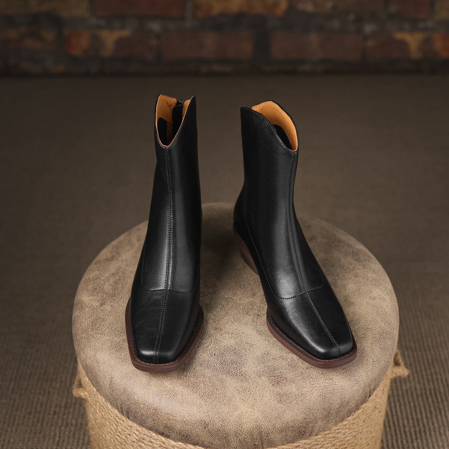 TinaCus Women's Square Toe Genuine Leather Handmade Block Heel Back Zipper