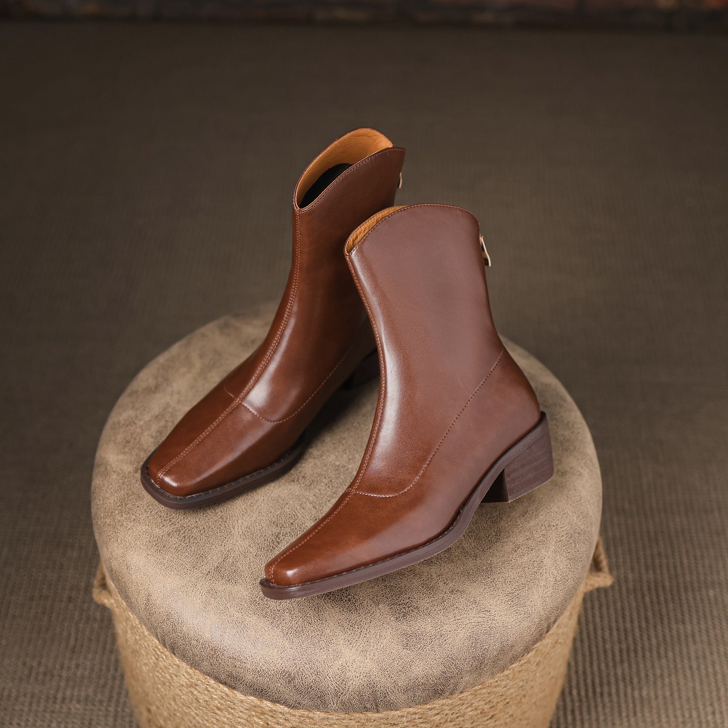 TinaCus Women's Square Toe Genuine Leather Handmade Block Heel Back Zipper