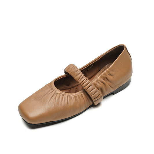 TinaCus Damen-Schlupfschuhe aus echtem Leder, handgefertigt, mit Rüschen, quadratischer Zehenpartie, flach