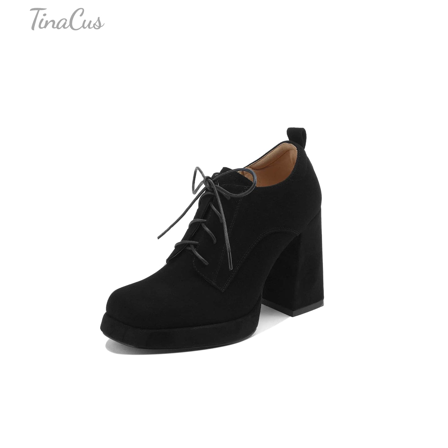 TinaCus Handmade Women's Genuine/Suede Leather Square Toe Lace Up High Block Heel Oxford Shoes with Platform