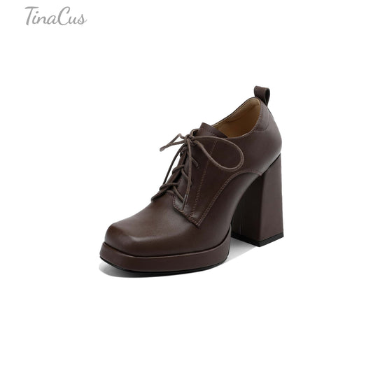 TinaCus Handmade Women's Genuine/Suede Leather Square Toe Lace Up High Block Heel Oxford Shoes with Platform