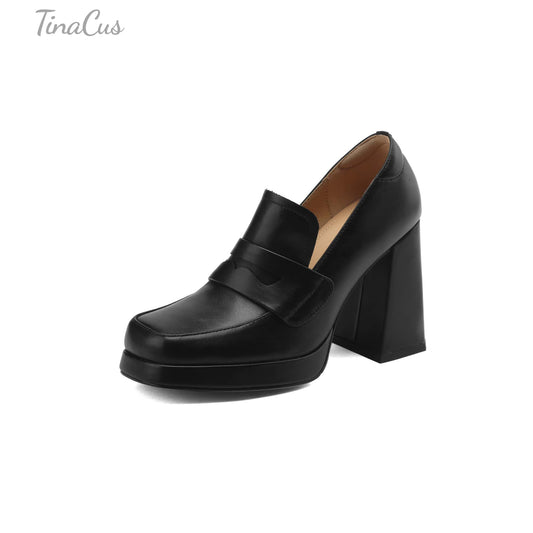 TinaCus Handmade Women's Genuine/Suede Leather Square Toe Slip On High Block Heel Loafer Shoes with Platform
