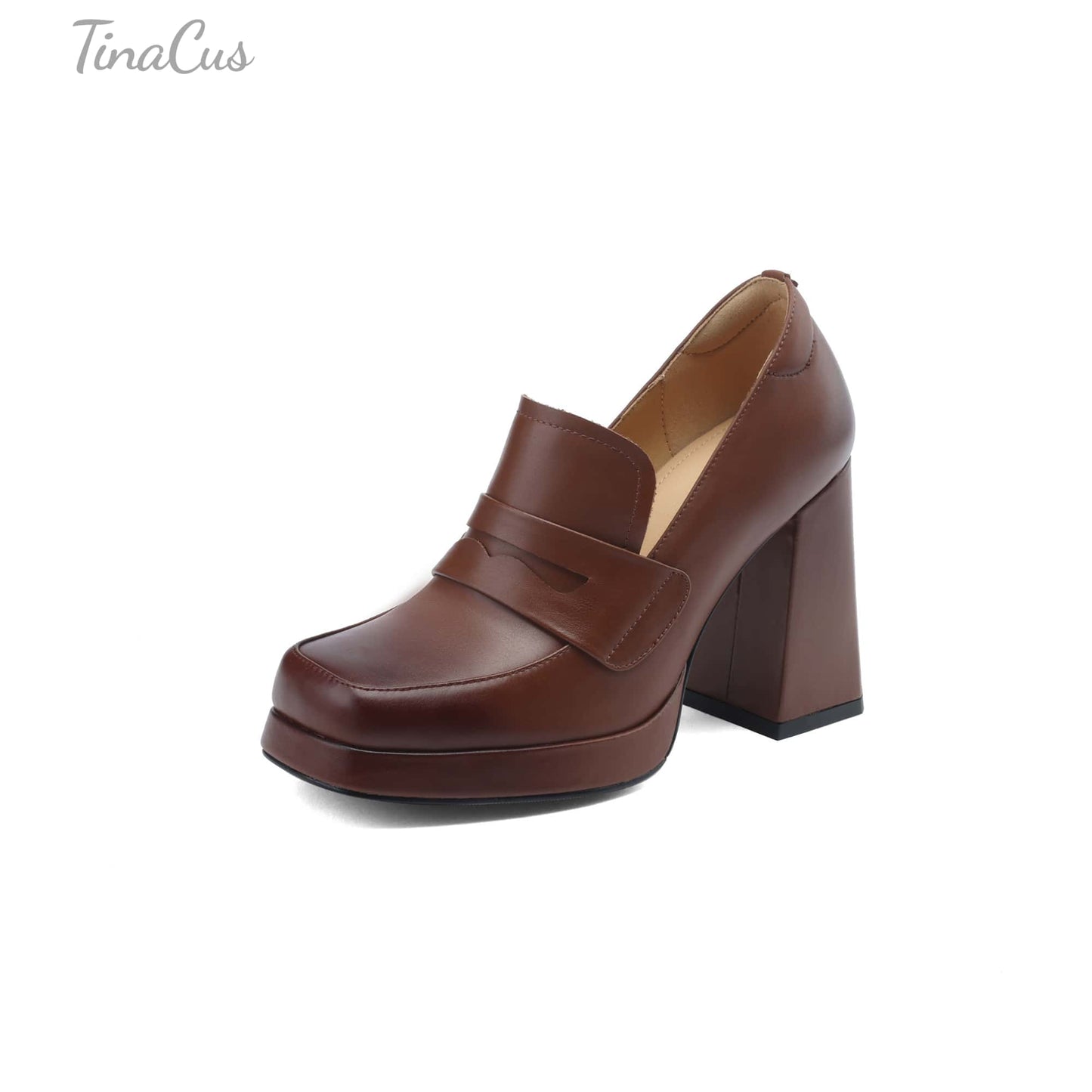 TinaCus Handmade Women's Genuine/Suede Leather Square Toe Slip On High Block Heel Loafer Shoes with Platform