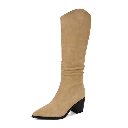 TinaCus Women's Pointed Toe Suede Leather Handmade Block Heel Side Zip Up Mid Calf Boots