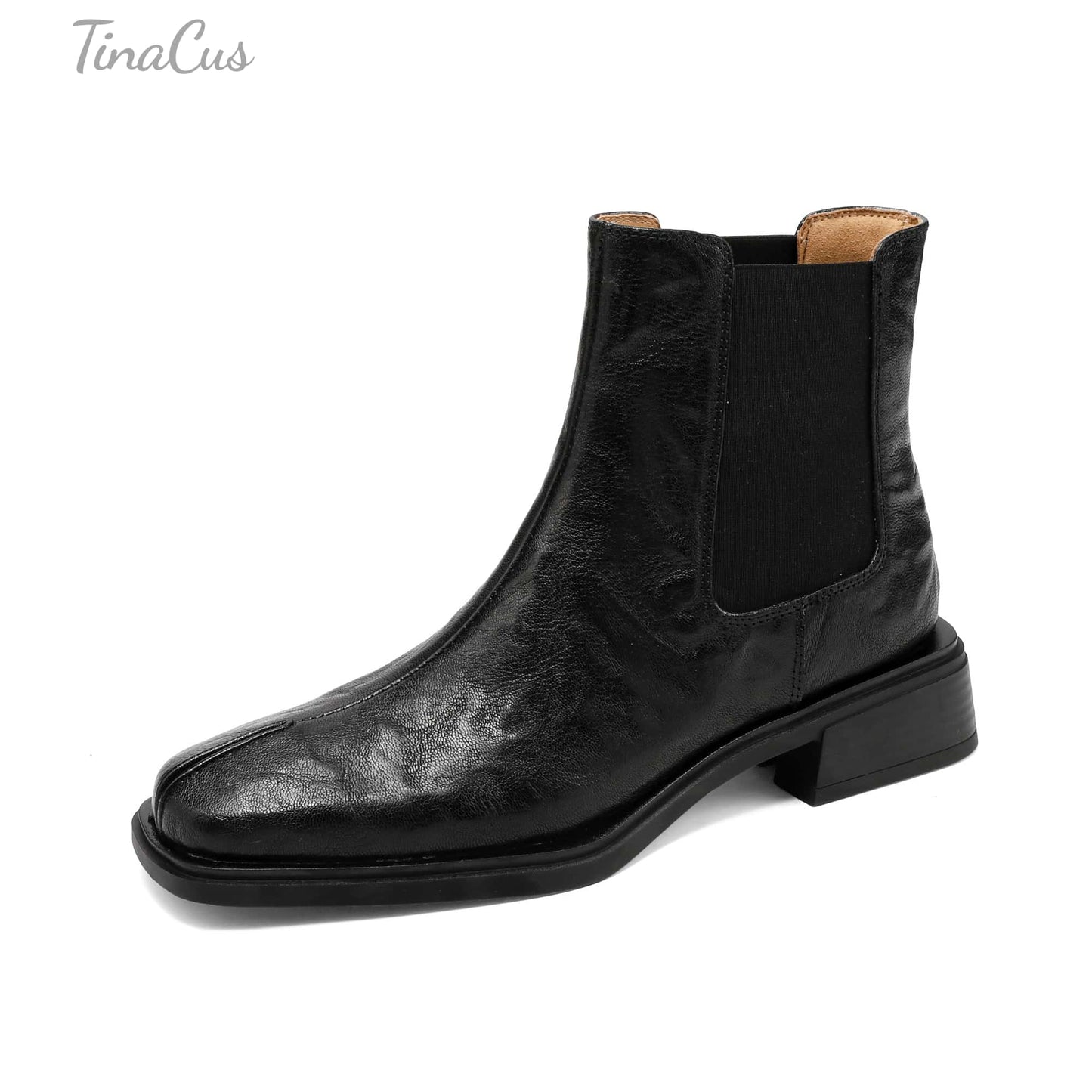 TinaCus Women's Chelsea Booties Handmade Genuine Leather Elastic Panel Square Toe Chunky Heel