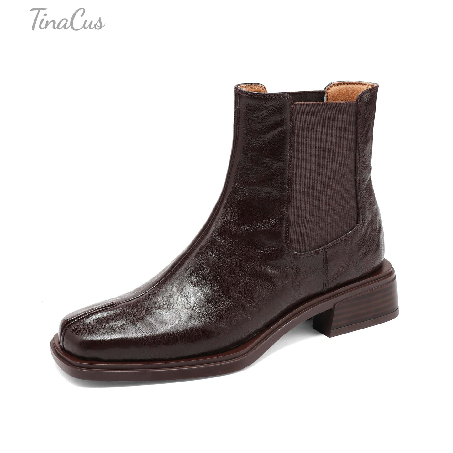 TinaCus Women's Chelsea Booties Handmade Genuine Leather Elastic Panel Square Toe Chunky Heel
