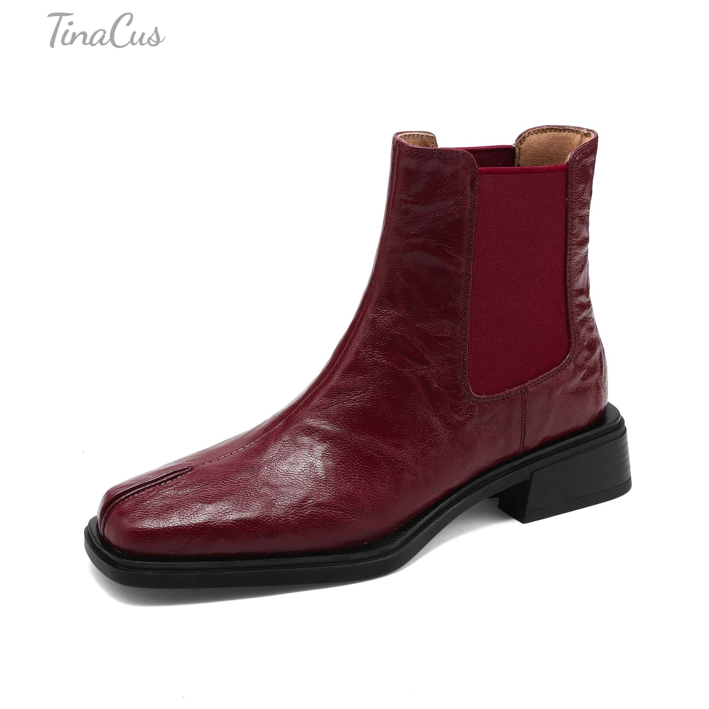 TinaCus Women's Chelsea Booties Handmade Genuine Leather Elastic Panel Square Toe Chunky Heel